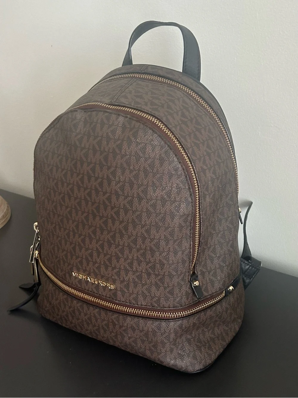 Michael Kors Jaycee Brown MK Signature Logo Backpack Gold Hardware Travel Bag